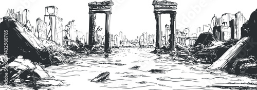 Black and white sketch of a post-apocalyptic cityscape with ruined buildings and debris