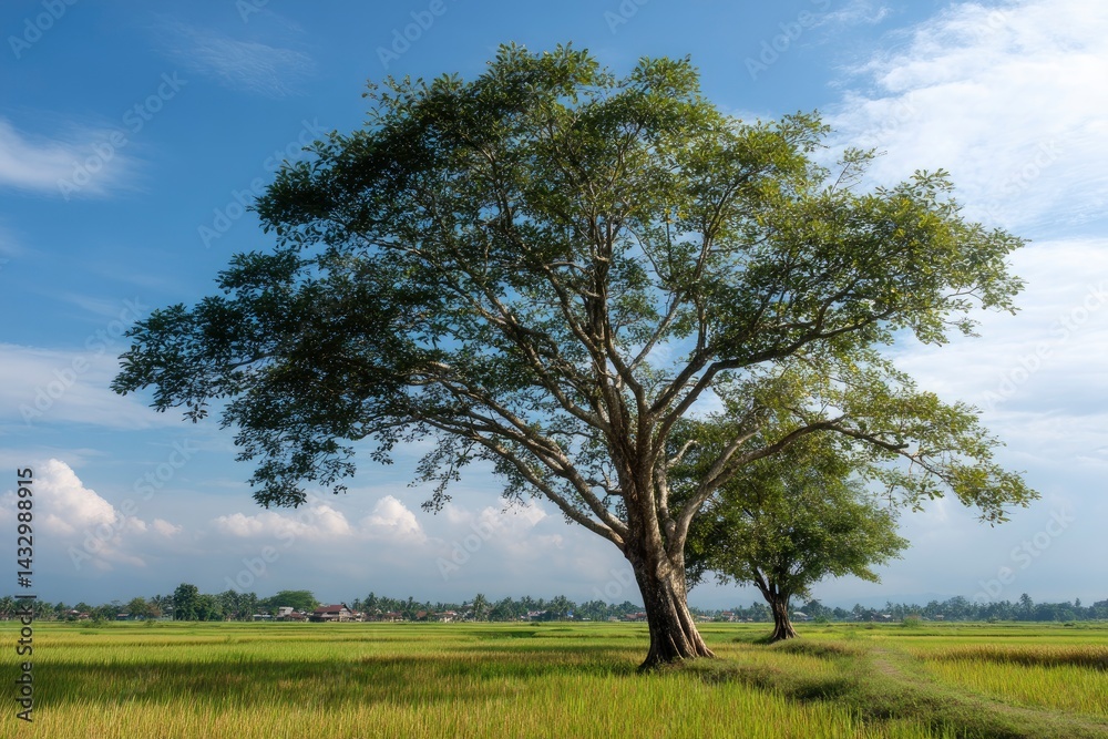 Obraz premium Tree on Rice Field Under Blue Sky
