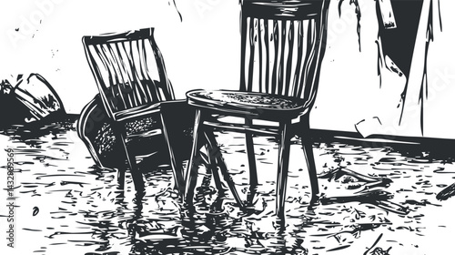 Black and white image of two wooden chairs partially submerged in water inside a flooded, abandoned room.