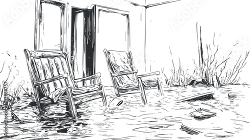 Black and white sketch of a flooded indoor room with water covering the floor and two wooden chairs partially submerged.