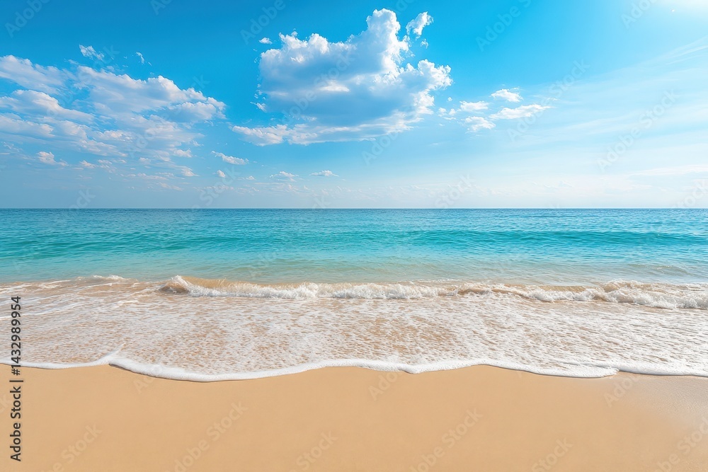 Fototapeta premium Sunny coastal scenery with soft waves and sandy shore.