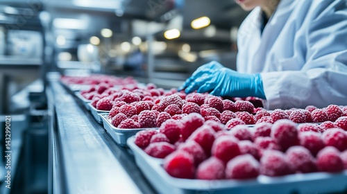 Frozen raspberries on a production line. A worker inspects frozen berries