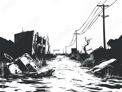 Black and white illustration of a desolate postapocalyptic road with abandoned ruins and broken power lines.