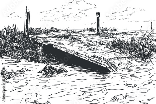 Black and white sketch of an old wooden pier extending over calm water with grassy shore and clouds overhead