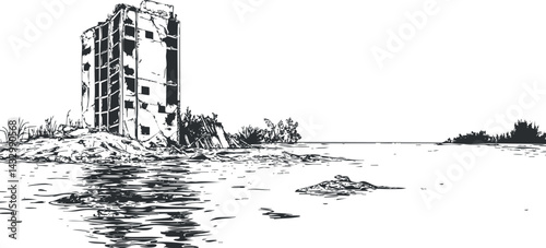 Black and white sketch of an abandoned ruined building on a rocky shore beside calm water with reflections.