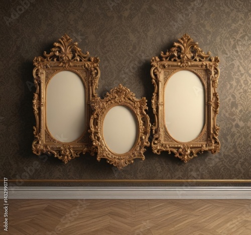 Elegant vintage frames on baroque damask backdrop ,  pattern,  art