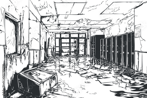 Black and white illustration of an abandoned school hallway with damaged walls lockers flooded floor and broken ceiling