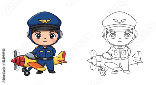 Illustration of a Pilot with an Airplane: An illustration showcases a cheerful young pilot standing next to his airplane, featuring an aviation theme.