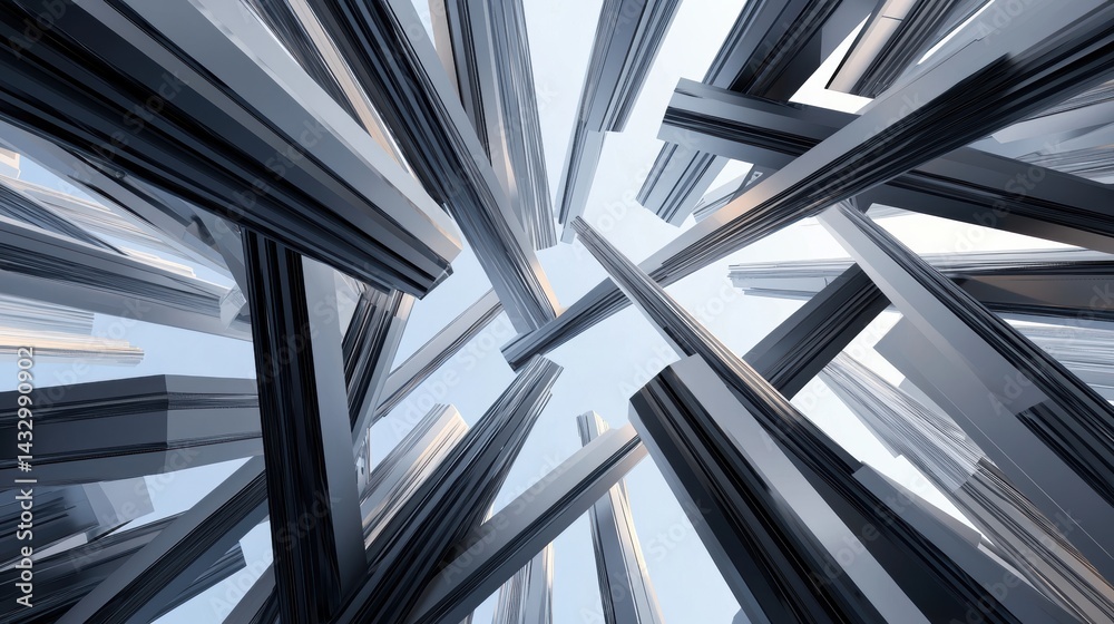 A complex network of interconnected metal beams, forming a geometric pattern against a clear blue sky. A complex network of interconnected metal beams, forming a geometric pattern against a clear blue sky.