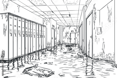 Flooded school hallway with lockers and doors showing water damage and debris scattered on floor