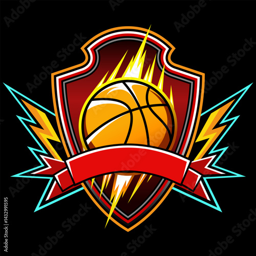 A dynamic, stylized basketball emblem featuring a basketball bursting with energy inside a shield emblem, accented with lightning bolts and a blank red banner for text.