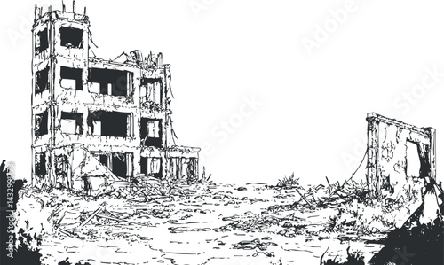 Black and white sketch of a destroyed building and rubble showing war damage and urban devastation