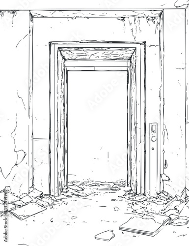 Black and white sketch of an old, abandoned doorway with broken walls and debris scattered on the floor.