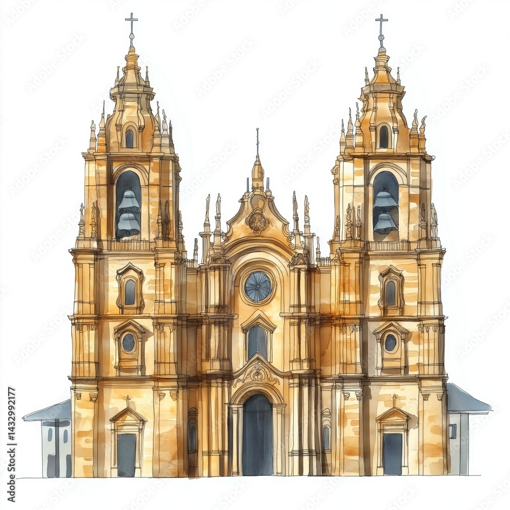 Naklejka premium Cathedral of Santiago de Compostela. Cathedral of Santiago de Compostela hand drawn watercolor illustration