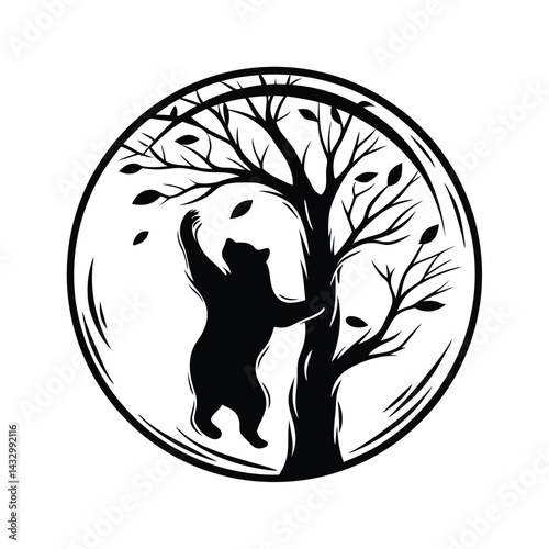Black Bear Climbing Tree Silhouette inside a Circular on White Background