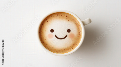 A cup of coffee with a smiling face isolated on a white background