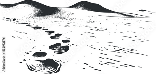 Black and white illustration of footprints leading across sandy desert dunes in a natural outdoor landscape