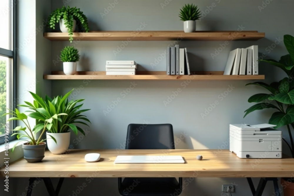 Modern office desk with wooden surface and lush greenery on shelves, business, office decor, desk organizer Modern office desk with wooden surface and lush greenery on shelves, business, office decor, desk organizer