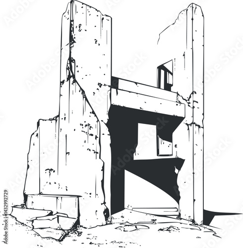 Black and white illustration of a ruined concrete wall structure with cracks and debris on the ground.