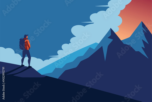 hiker pausing on ridge with storm below .eps
