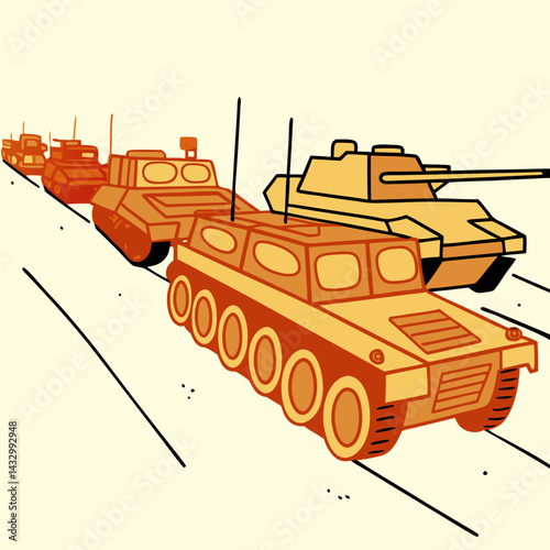 Cartoon military vehicles in formation on a simple background  