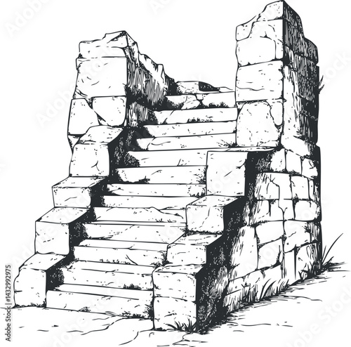 Black and white illustration of ancient stone stairs with weathered blocks and ruins outdoors