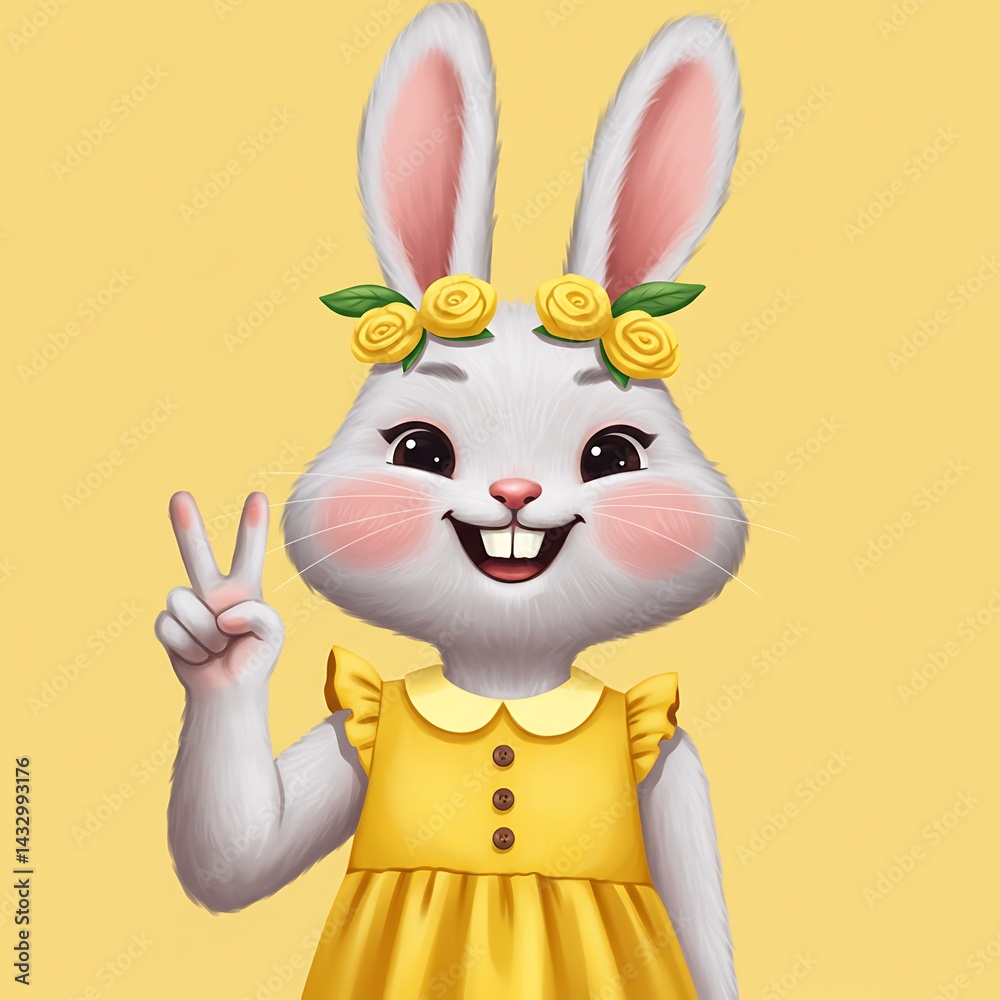 Obraz premium Cheerful Cartoon Rabbit Character in Yellow Dress and Flower Crown Making Peace Sign Against Yellow Background