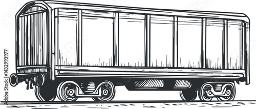 Black and white hand-drawn illustration of a vintage freight railcar on railway tracks