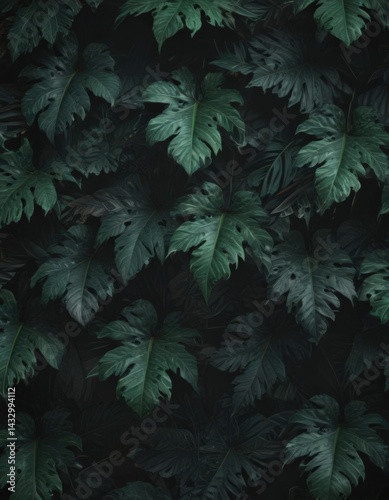 Intricate black & deep green exotic leaf pattern; shadowy, stylish , repeating, graphic