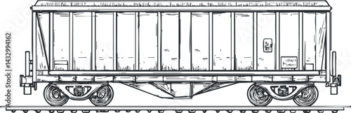 Detailed black and white sketch of a freight railcar on train tracks used for cargo transportation