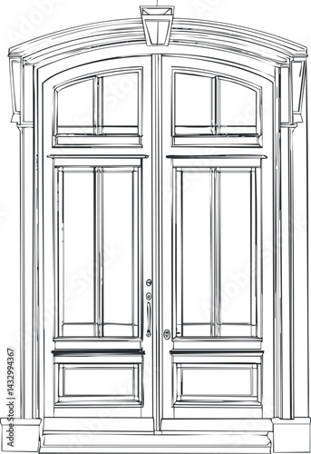 Detailed line drawing of a classic double wooden door with an arched frame and decorative panels