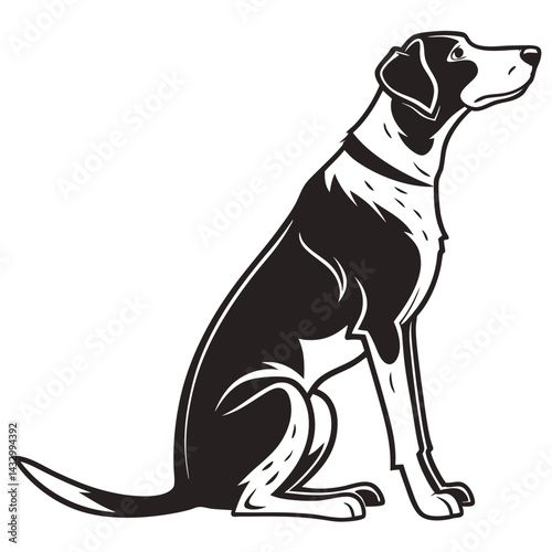 Black and White Spotted Dog Sitting, Looking Up, Pet Illustration, Minimalist, Isolated