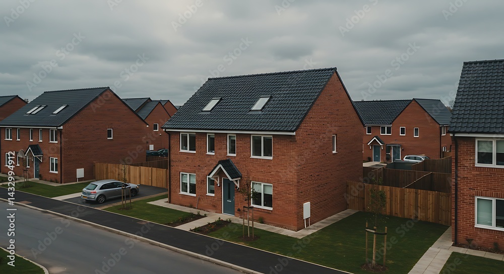 A row of identical, newly constructed two-story brick houses with dark roofs lines a street in a developing suburban area under an overcast sky. A row of identical, newly constructed two-story brick houses with dark roofs lines a street in a developing suburban area under an overcast sky.
