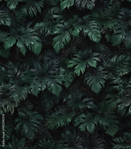 Intricate dark green & black tropical leaves, abstract pattern ,  moody,  illustration