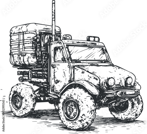 Hand drawn sketch of a rugged offroad truck with large muddy tires and heavy utility body