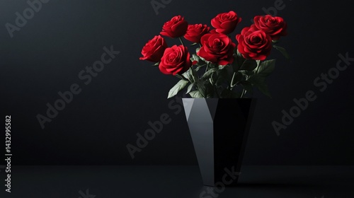Red roses in a black vase on dark background.