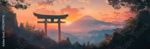 Scenic Japanese Garden Featuring Iconic Torii Gates and Majestic Mount Fuji