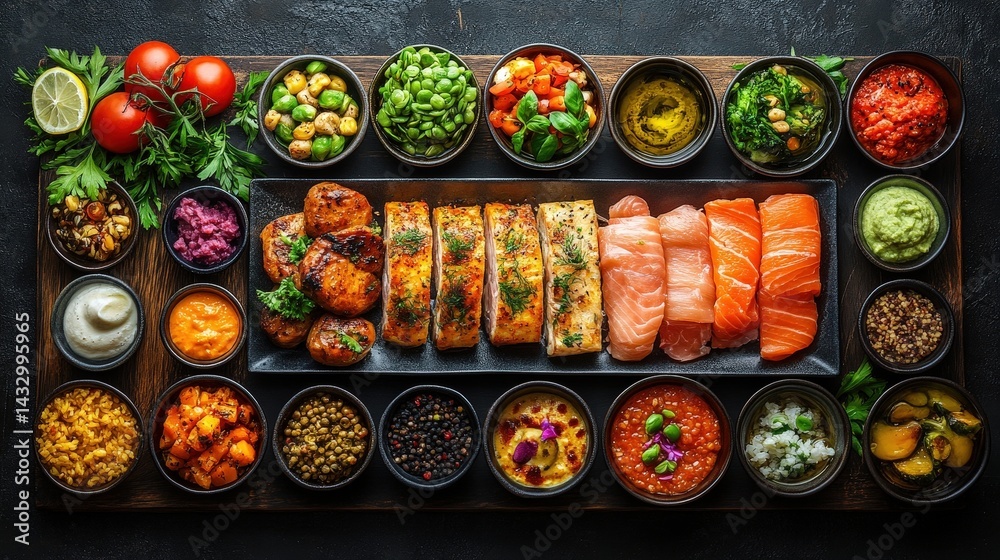 Fototapeta premium Colorful assortment of diverse dishes and condiments arranged on a wooden platter.