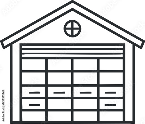Black and white outline illustration of a garage with a closed door and pitched roof, simple line art design