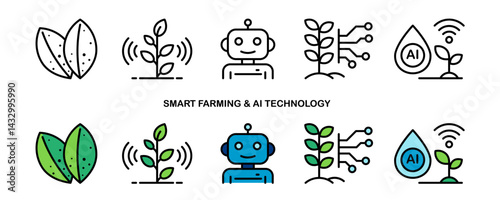 Smart farming and AI technology icon set, line icon and flat color icon, Suitable for industrial, agricultural and technological applications.