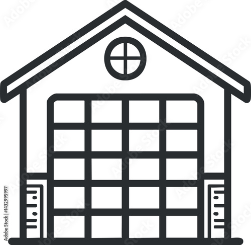 Outline icon of a garage building with a large segmented door and a circular window above