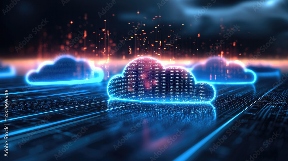 Futuristic digital clouds with glowing blue outlines float above network of data streams, symbolizing advanced technology and connectivity in digital landscape