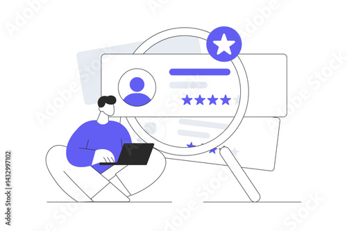 Man Character Choosing Best Candidate for Job. Recruitment Process. Human Resource Management Hiring Concept. Rating stars. Flat Cartoon Vector Illustration, icon. Stylish abstract design landing page