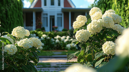 beautiful garden featuring lush hydrangea bushes in full bloom, showcasing white flowers against charming house backdrop. scene evokes tranquility and natural beauty