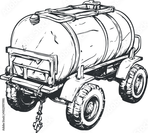 Black and white illustration of a large water tank trailer with wheels for agricultural use and transport