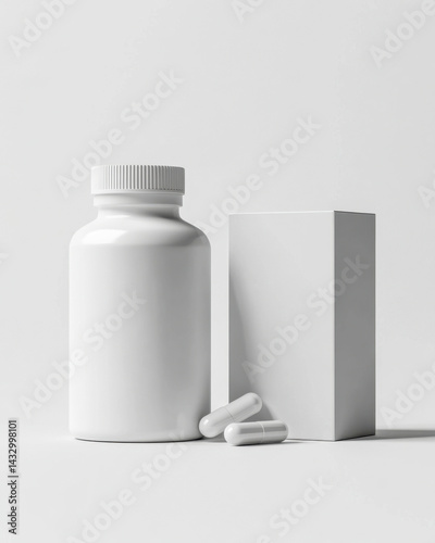3D rendered mockup of a medicine bottle with box on smooth gray surface for product presentation