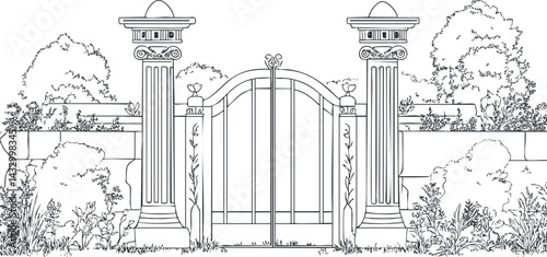 Black and white line drawing of an ornate garden gate with two classical columns surrounded by plants, bushes, and trees