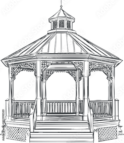 Detailed black and white line drawing of an ornate wooden gazebo with steps and decorative roof