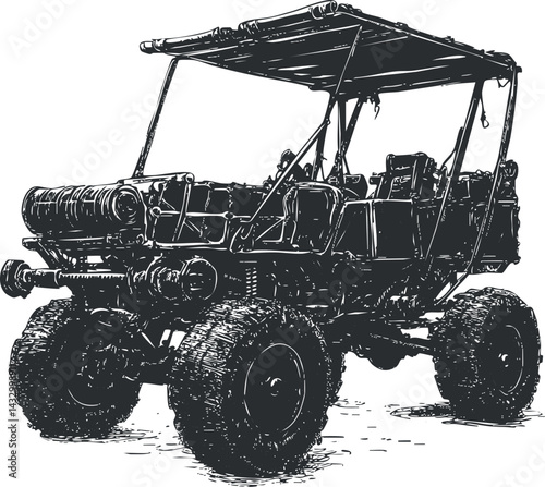 Black and white illustration of an offroad buggy vehicle designed for rough terrain adventures and exploration