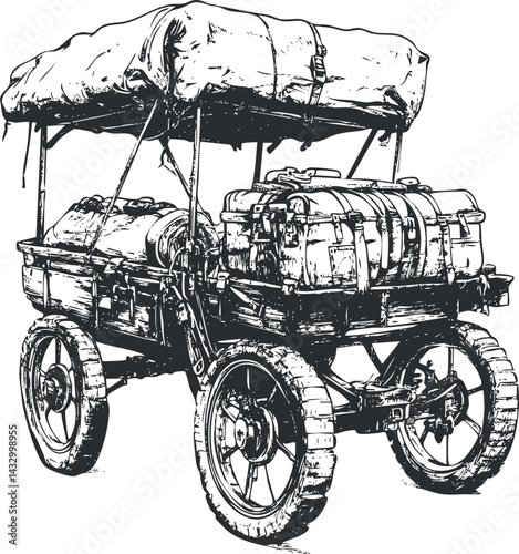 Black and white illustration of an old wooden covered wagon loaded with luggage and travel trunks for historical or vintage travel themes.